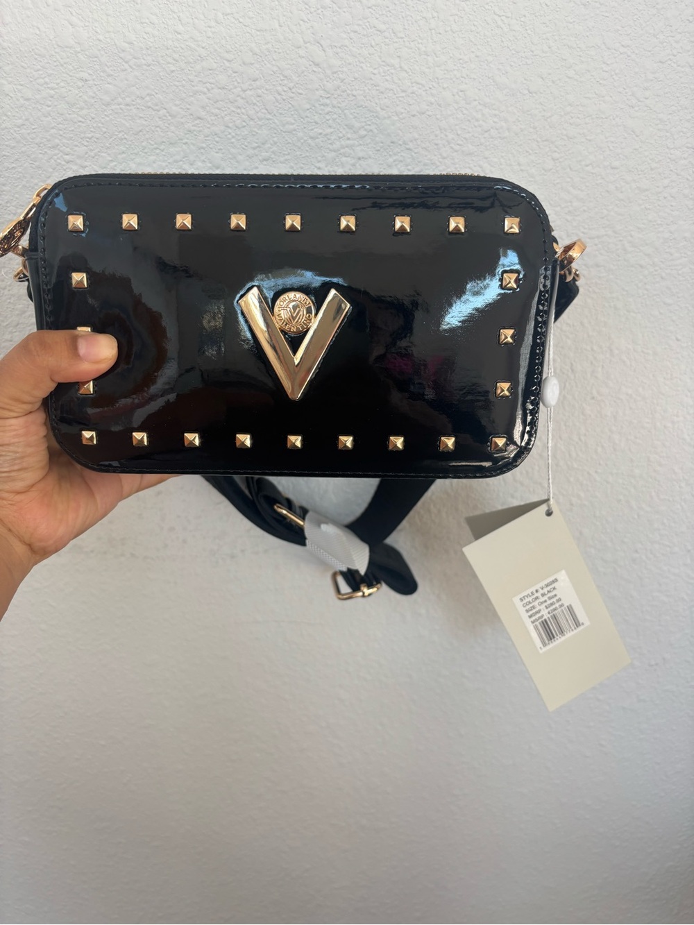 Valentino Orlandi Black Patent Crossbody with Gold Studs and V Emblem